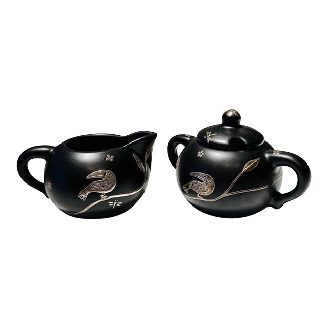 Vintage 1990s Emilia Castillo Silver Black Ceramic Toucan Sugar Bowl Creamer Set For Sale