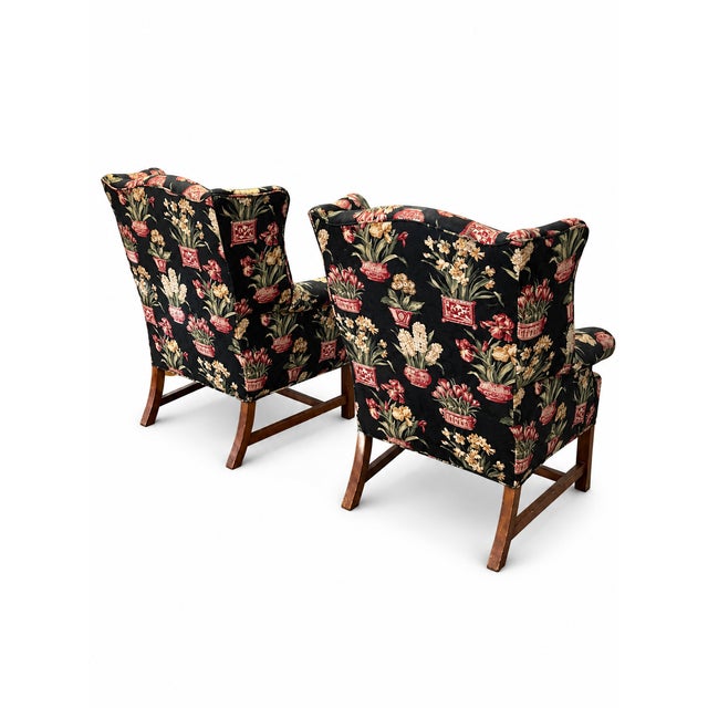 Black Late 20th Century Black Floral Chinoiserie Wingback Armchairs — A Pair For Sale - Image 8 of 16