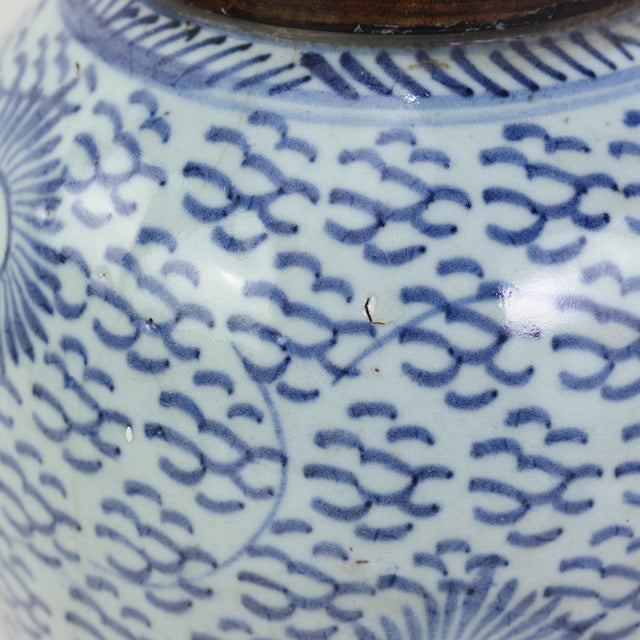 Blue and White Antique Porcelain Vase Lamp With Cobalt Scalloped Cloud Motif on Wood Base For Sale - Image 11 of 12