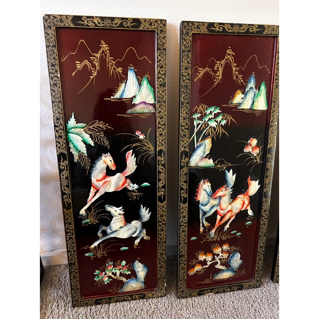 Exquisite Set of Four Mid Century Chinese Panels. Year of the Fire Horse. Intricate inlay work featuring Mother of Pearl...