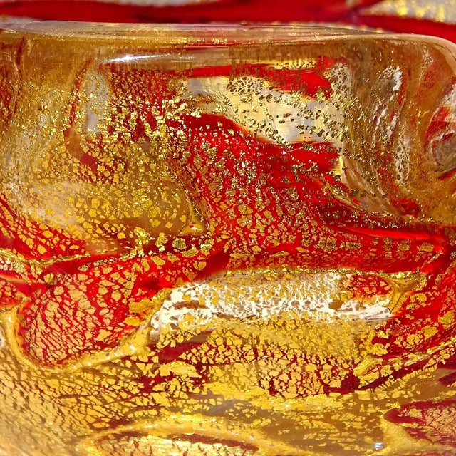 Glass Vintage Barovier Toso Murano Heavy Gold Flecks Ruby Red Vines Italian Art Glass Ashtray Bowl For Sale - Image 7 of 9