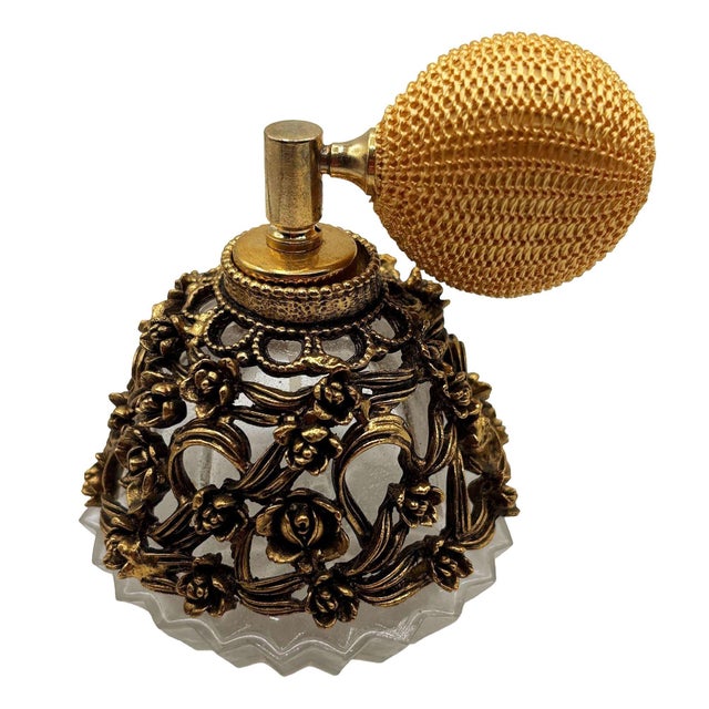 1950 Hollywood Regency Matson Gold Gilt Floral & Glass Perfume Atomizer & Bottle For Sale - Image 10 of 11
