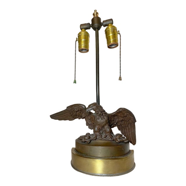 Antique Patinated Solid Bronze American Bald Eagle Electric Table Lamp Statue For Sale