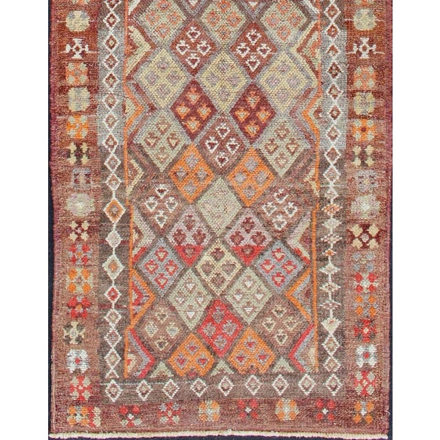Turkish Vintage Hand Knotted Turkish Runner With All-Over Diamond Kurdish Design in Multi-Colors For Sale - Image 3 of 12