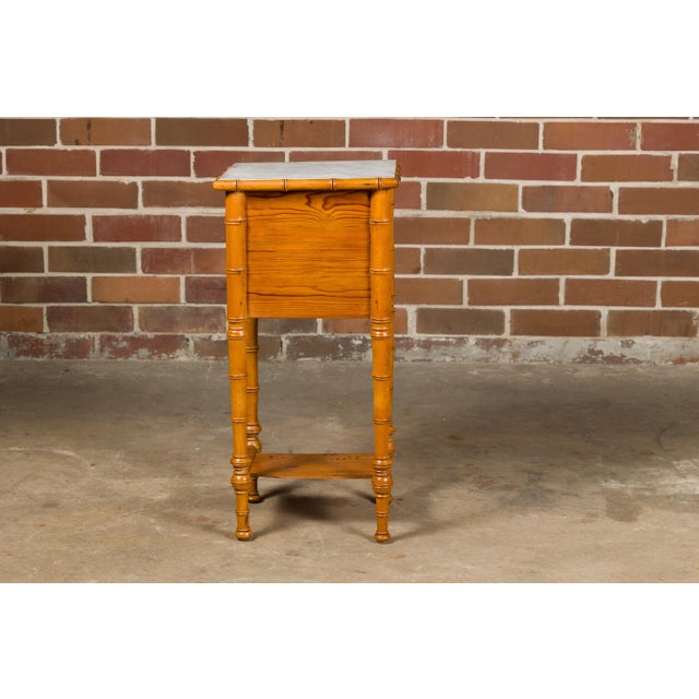 French 19th Century Pine Faux Bamboo Side Table with Marble Top, Door and Drawer For Sale - Image 9 of 12