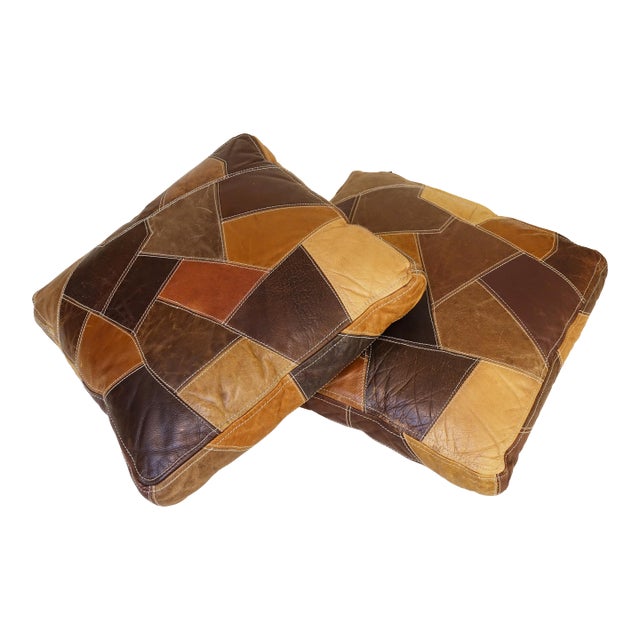 1960s Vintage Leather Modern Large Calfskin Patchwork Leather Pillows- Set of 2 For Sale