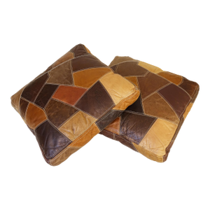 1960s Vintage Leather Modern Large Calfskin Patchwork Leather Pillows- Set of 2
