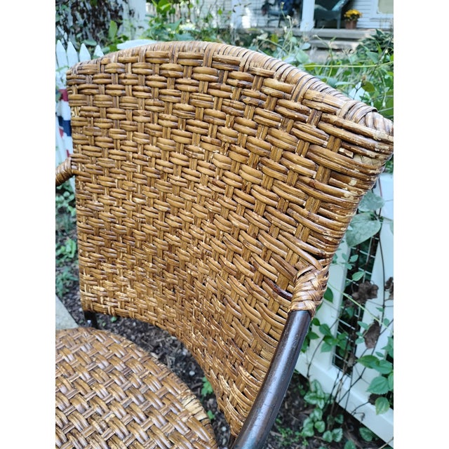 Contemporary Late 20th Century Wicker Iron Bar Counter Stools Pair For Sale - Image 3 of 10