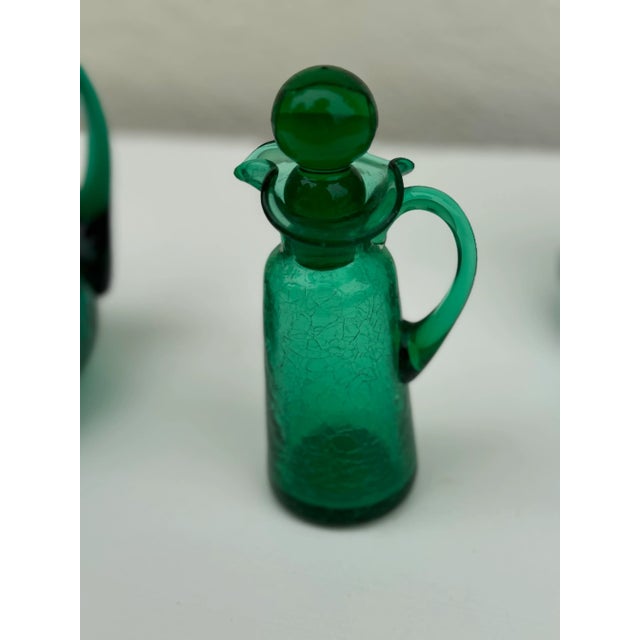 1950s Vintage Teal/ Emerald Green Crackle Glass Olive Oil or Vinegar Cruet, Vintage Mid Century For Sale - Image 4 of 9