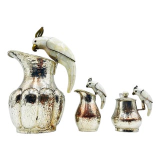 1960s Los Castillo Taxco Parrot Pitcher Tea Set Silver Plate Hardstone - 4pcs For Sale