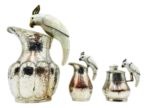 1960s Los Castillo Taxco Parrot Pitcher Tea Set Silver Plate Hardstone - 4pcs