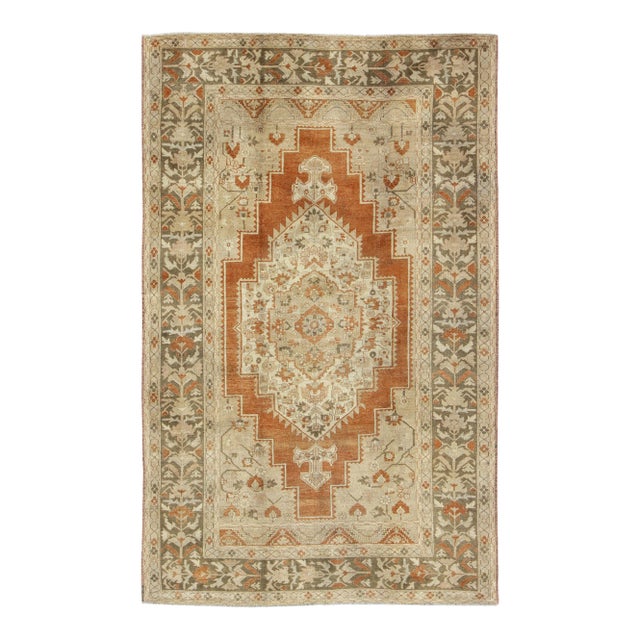 Vintage Turkish Oushak Rug in Rust, Green, Cream, Tape and Neutral Colors 7'3"x11'3" For Sale