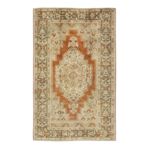 Vintage Turkish Oushak Rug in Rust, Green, Cream, Tape and Neutral Colors 7'3"x11'3"
