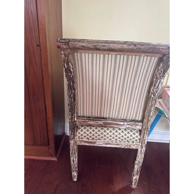 Late 19th Century Pair of Antique French Louis XVI–Style Bergère Chairs, Green & White Striped Upholstery For Sale - Image 5 of 7