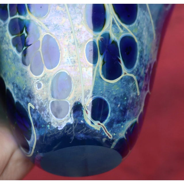 Vintage MCM Paul Bendzunas Studio Hand Blown Art Glass Blue Handkerchief Vase For Sale - Image 4 of 6