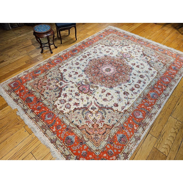 Vintage Persian Tabriz Rug, Hand-Knotted Wool & Silk, Floral Pattern, Ivory & Pink, 8x12 For Sale - Image 12 of 18