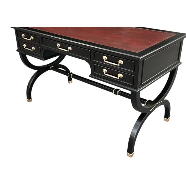 Mid 20th Century Hollywood Regency Ebonized Desk With Cognac Leather Top by Sligh-Lowry For Sale - Image 12 of 17