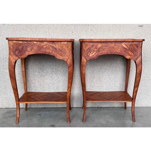 18th Century Style French Louis XV Marquetry Side Table or Nightstands, a Pair For Sale - Image 16 of 18