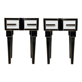 New High Black & White Glass & Brass Inlays New Nightstands With Drawer - a Pair For Sale