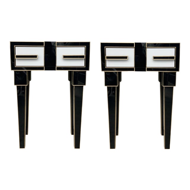 New High Black & White Glass & Brass Inlays New Nightstands With Drawer - a Pair For Sale