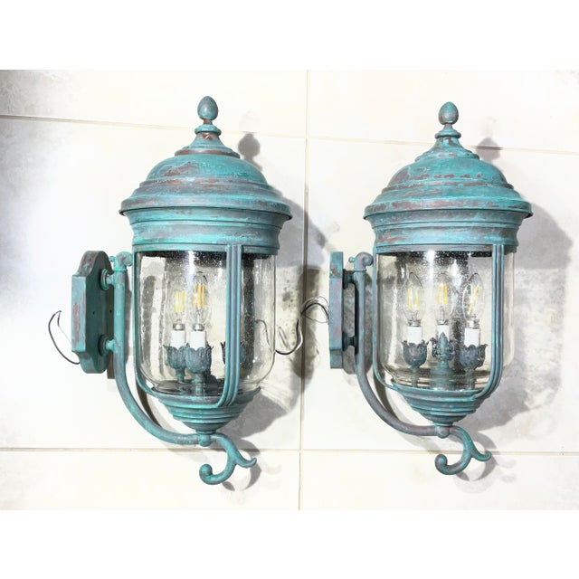 Pair of Vintage Solid Brass Wall Lanterns /Sconces 22”x10”x11”.5 For Sale - Image 9 of 16