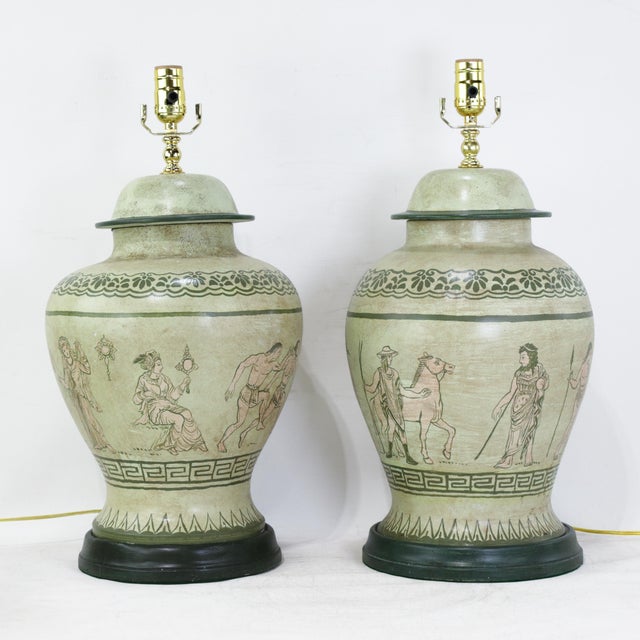 Pair of Vintage Hand-Painted Neoclassical Greek Revival Ceramic Temple Jar Table Lamps For Sale - Image 15 of 15