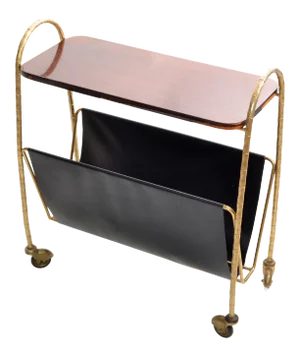 Maison Baguès French Bronze, Leather & Laminated Wood Magazine Rack on Casters