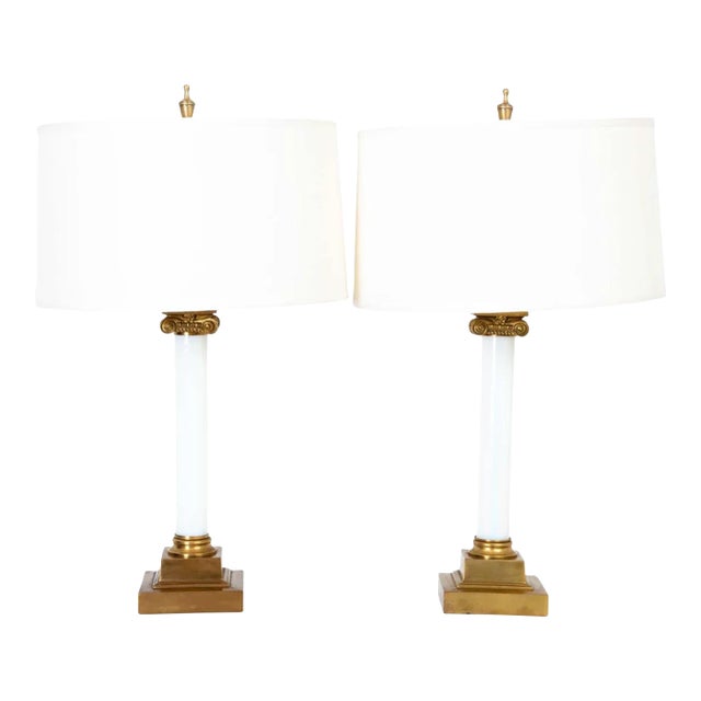 Pair of Brass and White Opaline Glass Lamps For Sale