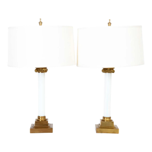 Pair of Brass and White Opaline Glass Lamps