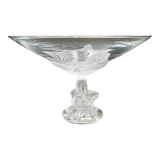 Vintage Lalique Crystal France Plumeria Orchid Glass Pedestal Centerpiece Compote Bowl For Sale