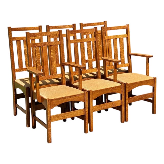 Set of 6 Arts & Crafts / Mission Oak Dining Chairs Stickley Harvey Ellis Style For Sale