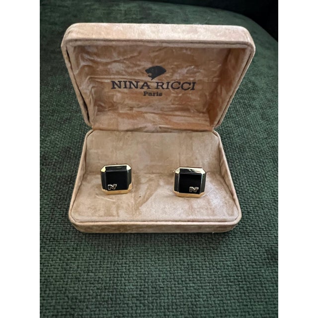 Rare Vintage Nina Ricci Gold & Black Cufflinks Logo Circa "1980" Original Case For Sale - Image 14 of 18