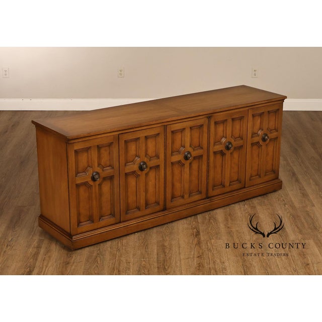 High Quality American Made Vintage Walnut Credenza or Console with Five Sculpted Doors Opening to Assortment of Dovetailed...