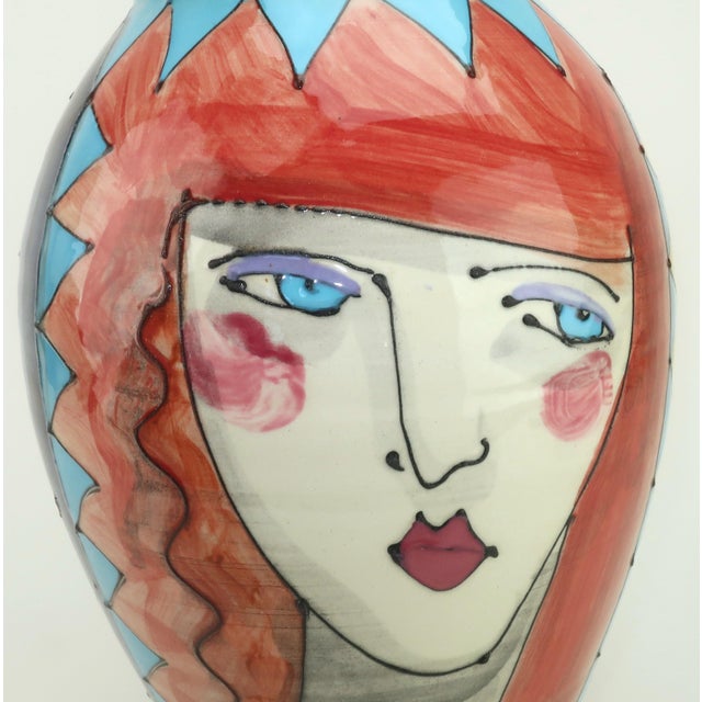 Red Denise Ford Portrait Decorated Ceramic Faces Vase, 1980's For Sale - Image 8 of 13