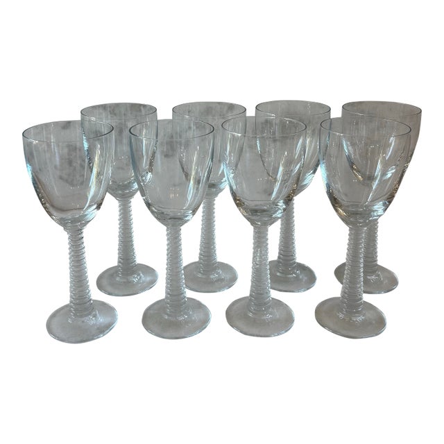 Set of 8 Vintage Ribbed Stem Wine Glasses For Sale