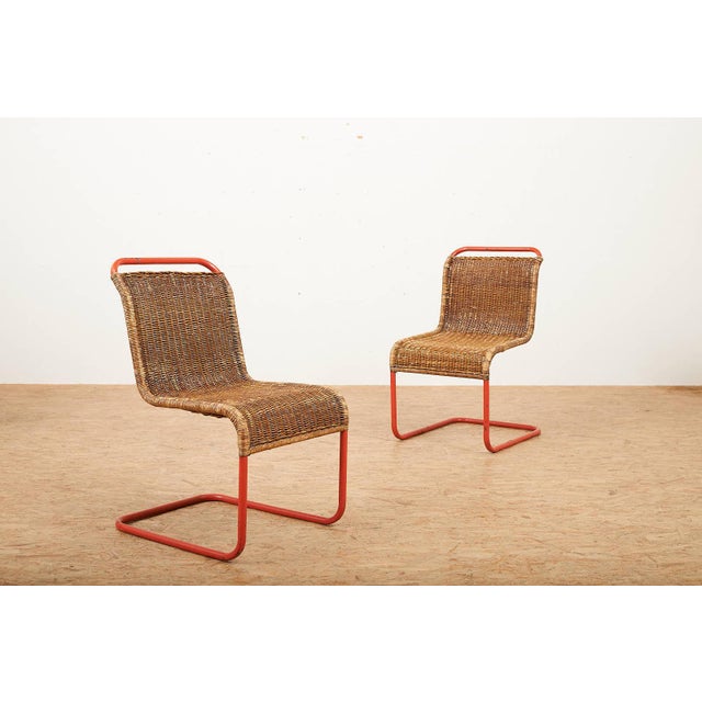 Table with Chairs in Red Lacquered Tubular Steel by S. Meier for Rohrmöbelfabrik, 1920s, Set of 3 For Sale - Image 12 of 17