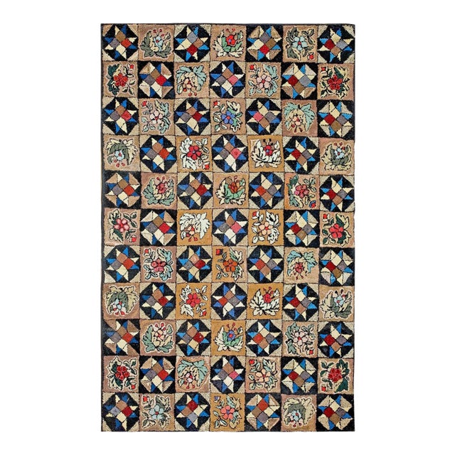 1930s Brown Floral Geometric Folk Art Antique American Hooked Rug 5'4" X 8'8" Hand Knotted Wool Carpet For Sale
