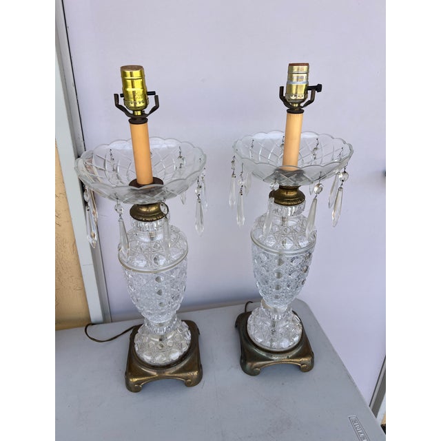 Metal Vintage Early 20th Century Pair Crystal & Brass Lamps -2 For Sale - Image 7 of 12