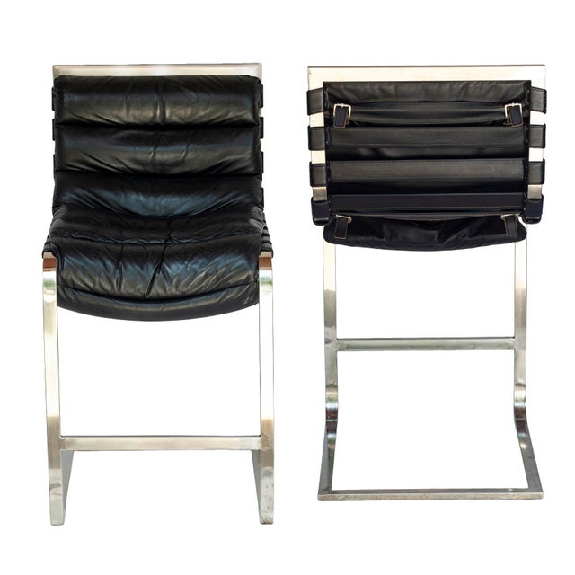 Pr. Of Vintage Rh Black Leather & Chrome Bar Stools For Sale - Image 15 of 18