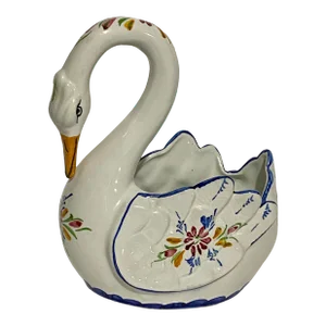 Mid 20th Century Hand Painted Faience Swan Bowl Planter- Italy