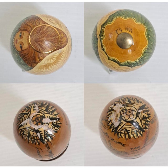 Vintage Lot 3 Russian Hand Painted Wooden Egg Sets Plus Matryoshka Dolls For Sale - Image 12 of 12