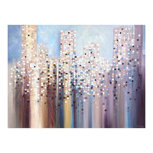 Skyline - Abstract Muted Color Textured Impasto Cityscape Oil Painting Original Artwork by Ekaterina Ermilkina For Sale