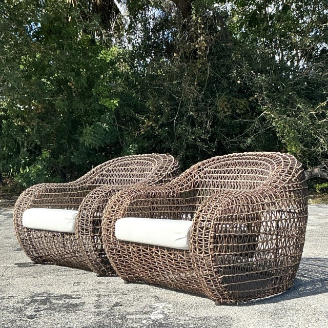 Coffee Vintage Coastal Kenneth Cobonpue Woven Rattan and a Jute Lounge Chairs - a Pair For Sale - Image 8 of 11