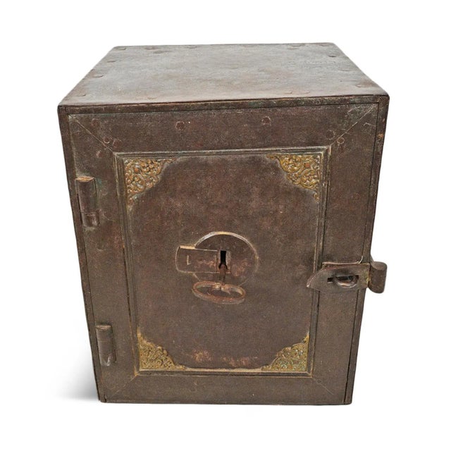 Antique solid iron bank safe from north India. Beautiful aged patina with brass decorative details. working key and lock...