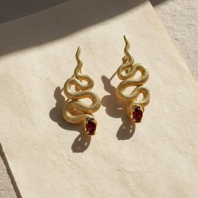 Metal Massive Snake Earrings With Garnets in Opened Mouth, Pair For Sale - Image 7 of 7
