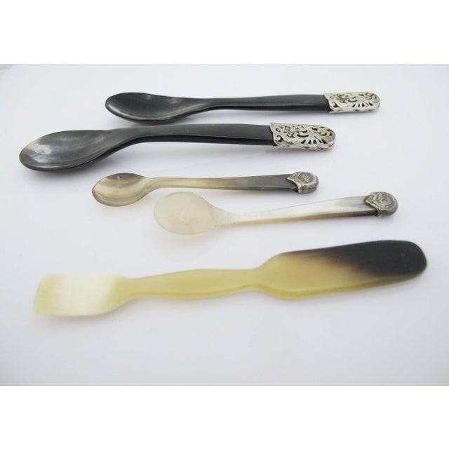 Vintage Natural Horn Sterling Silver Floral Mounted Caviar Serving Spoon Set of 5 For Sale - Image 11 of 13