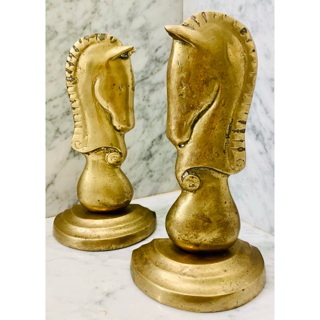 Vintage Solid Brass Horse Head Knight Chess Piece Bookends- a Pair For Sale - Image 10 of 12