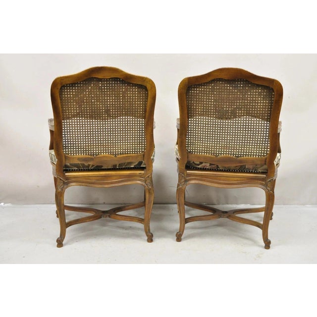 Vintage French Country Louis XV Style Upholstered Cane Lounge Arm Chairs - Pair For Sale - Image 10 of 12