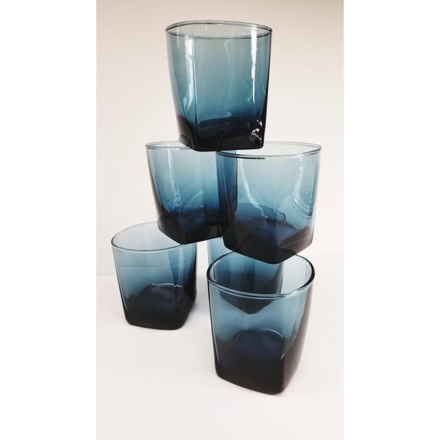 MidCentury Dark Blue Double Old Fashioned Cocktail Glasses With Square