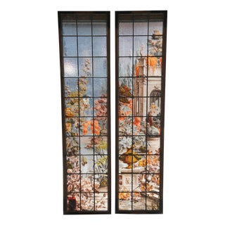 Set of 2 French Painted & Fired Neoclassical Leaded Botanical Stained Glass Windows For Sale